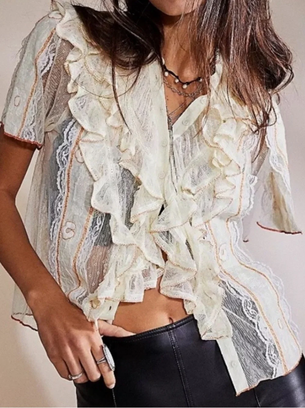 Free People Elegant Cream Lace Ruffle Top S - Picture 1 of 16